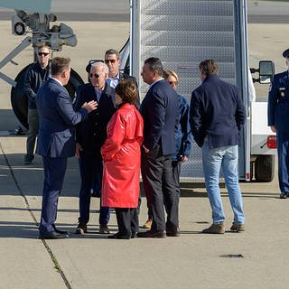 Biden was greeted by acting deputy center director, David Korsmeyer, Congresswoman Anna Eshoo, Senator Alex Padilla, and California Governor Gavin Newsom before boarding the Marine One helicopter to view consequences of flooding and other storm impacts along California’s central coast.